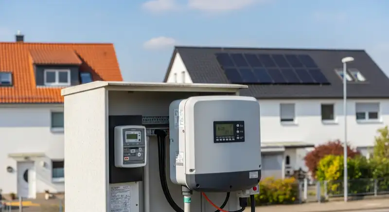 Modern German electrical meter cabinet (Zählerschrank) with smart meter and solar inverter connection, clean technical installation