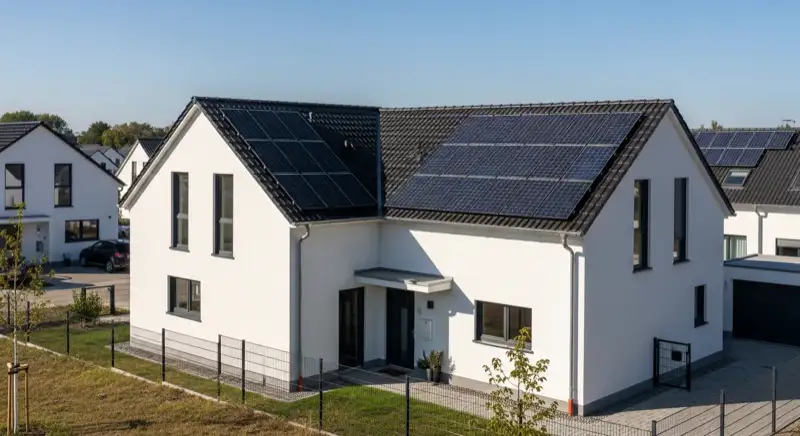 Moderne Photovoltaikanlage auf Einfamilienhaus in Rüsselsheimer Neubaugebiet mit optimaler Südausrichtung