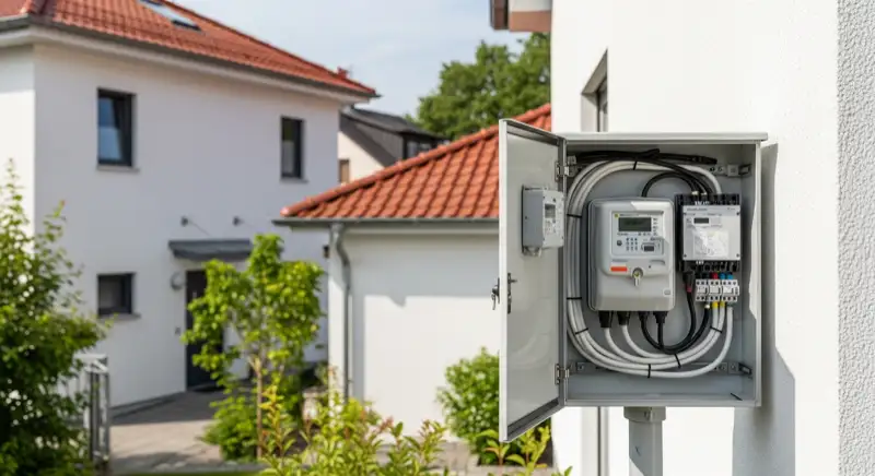 Modern German electrical meter cabinet (Zählerschrank) with smart meter and solar inverter connection, clean technical installation