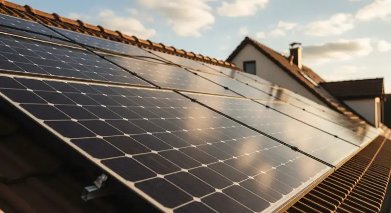 Close-up of photovoltaic solar panels installed on a traditional German Satteldach (gabled roof), blue sky with some clouds