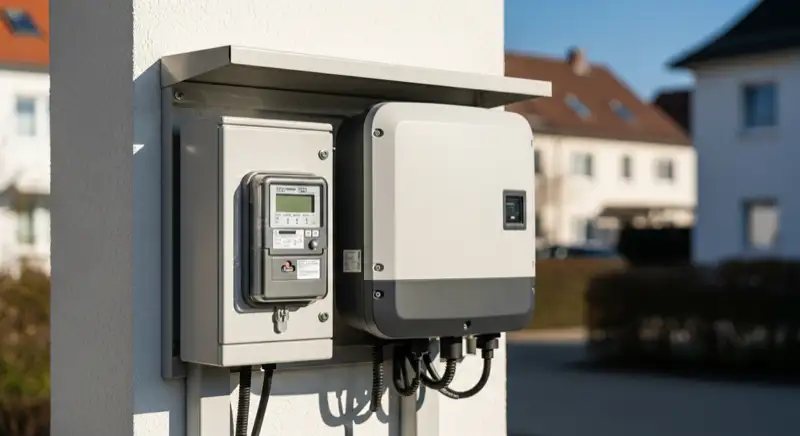 Modern German electrical meter cabinet (Zählerschrank) with smart meter and solar inverter connection, clean technical installation