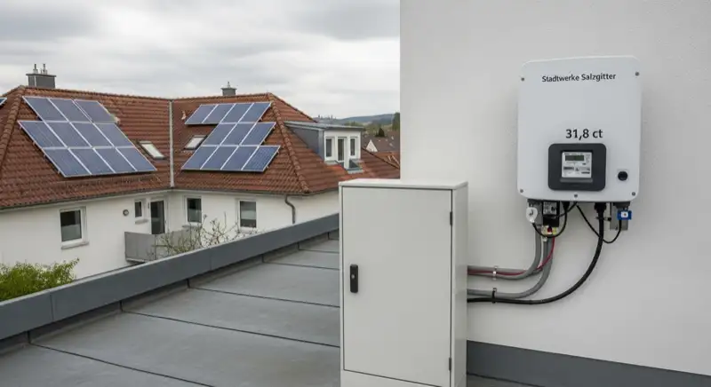 Modern German electrical meter cabinet (Zählerschrank) with smart meter and solar inverter connection, clean technical installation