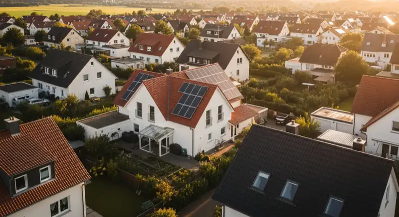 Aerial drone view of typical German residential neighborhood with mixed roof types, red and dark roof tiles, gardens visible, sunny day