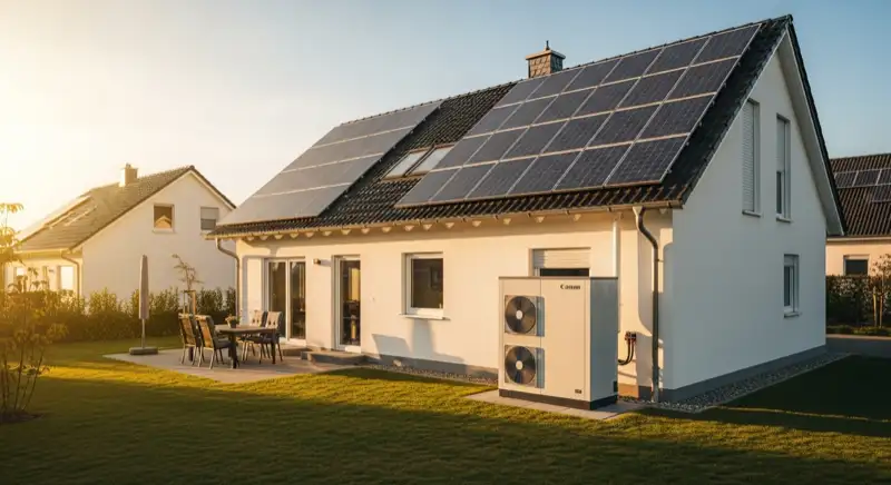 Moderne Luft-Wasser-Wärmepumpe neben Einfamilienhaus mit Solaranlage auf dem Dach in Salzgitter