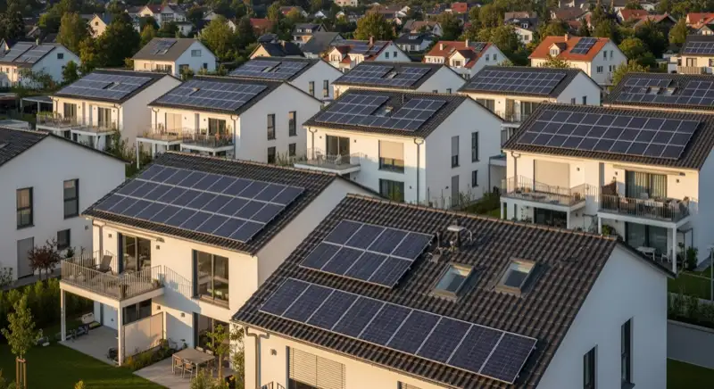 Wohngebiet Sankt Augustin mit Solaranlagen auf verschiedenen Dachtypen