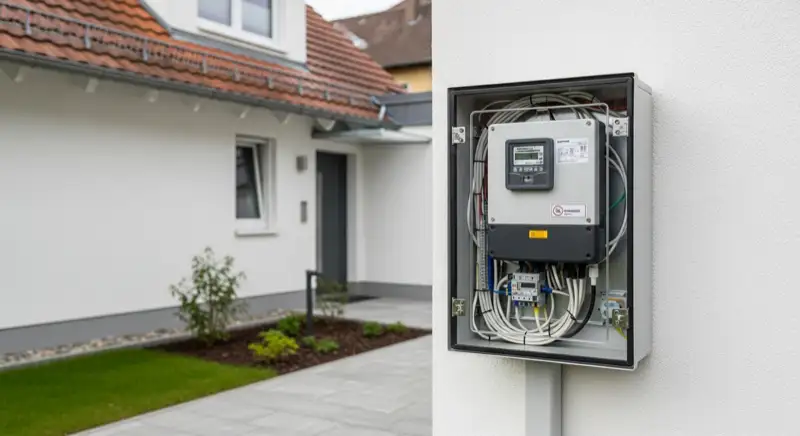 Modern German electrical meter cabinet (Zählerschrank) with smart meter and solar inverter connection, clean technical installation