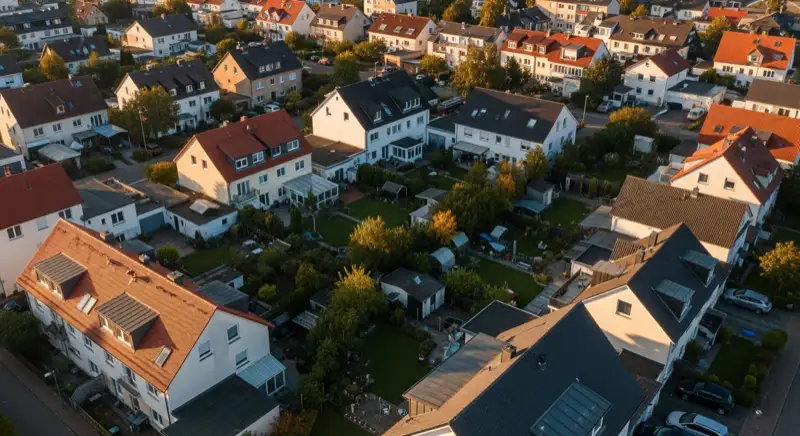 Aerial drone view of typical German residential neighborhood with mixed roof types, red and dark roof tiles, gardens visible, sunny day