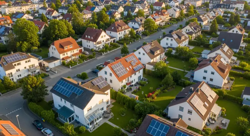 Aerial drone view of typical German residential neighborhood with mixed roof types, red and dark roof tiles, gardens visible, sunny day