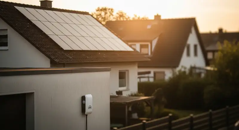 Einfamilienhaus in Schwerin mit PV-Anlage auf dem Dach und weißer Wallbox an der Hauswand