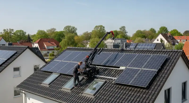 Installateur bei der PV-Montage auf einem Schrägdach eines Einfamilienhauses in Schwerin