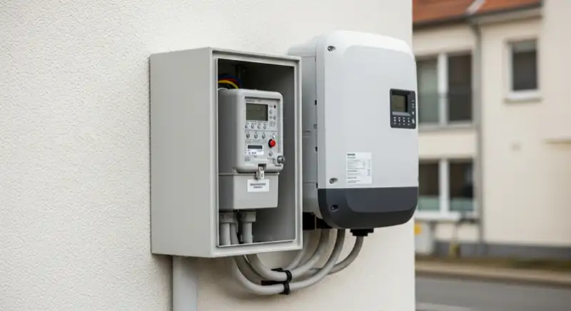 Modern German electrical meter cabinet (Zählerschrank) with smart meter and solar inverter connection, clean technical installation
