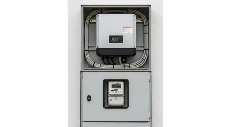 Modern German electrical meter cabinet (Zählerschrank) with smart meter and solar inverter connection, clean technical installation