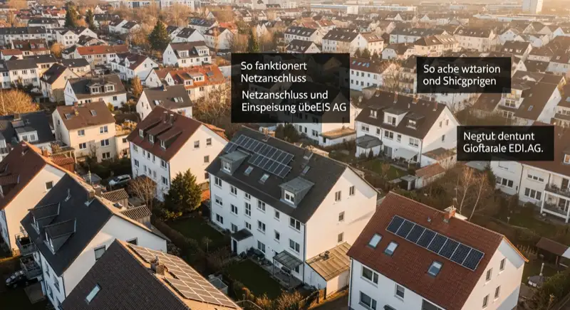 Aerial drone view of typical German residential neighborhood with mixed roof types, red and dark roof tiles, gardens visible, sunny day
