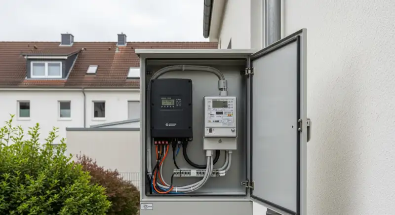 Modern German electrical meter cabinet (Zählerschrank) with smart meter and solar inverter connection, clean technical installation