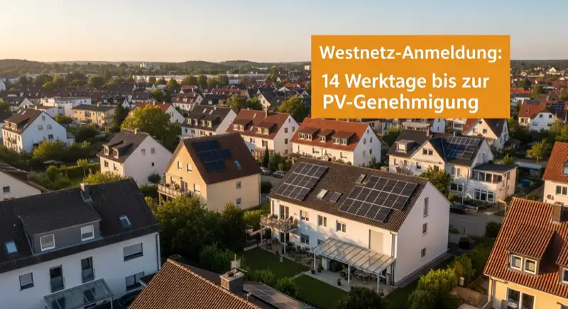 Aerial drone view of typical German residential neighborhood with mixed roof types, red and dark roof tiles, gardens visible, sunny day