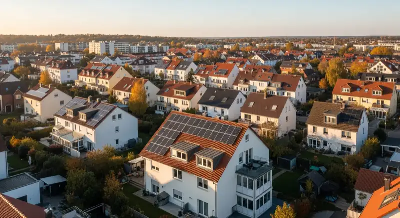 Aerial drone view of typical German residential neighborhood with mixed roof types, red and dark roof tiles, gardens visible, sunny day