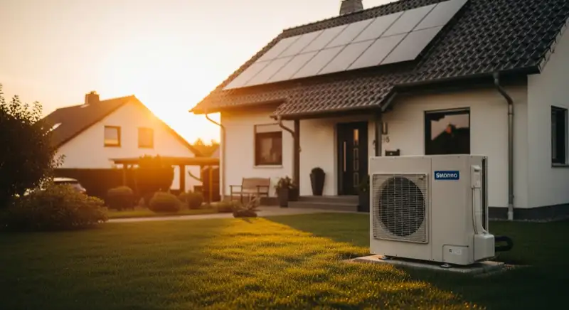 Moderne Wärmepumpen-Außeneinheit vor gepflegtem Einfamilienhaus in Schwerte mit Solaranlage auf dem Dach