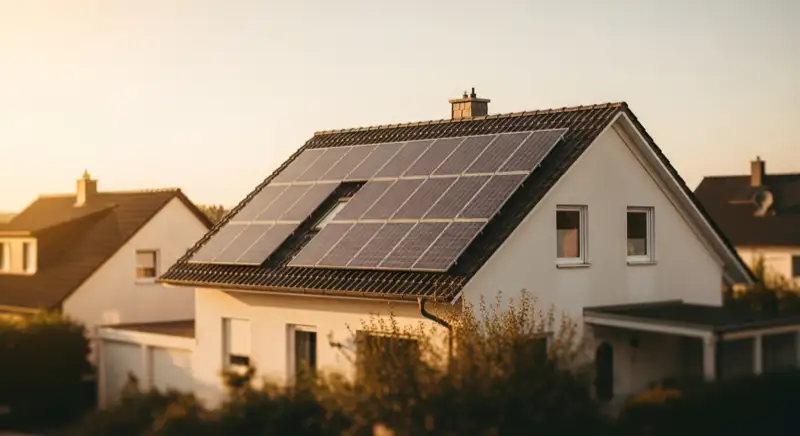 Einfamilienhaus mit Photovoltaikanlage auf dem Dach in Seevetal bei Sonnenschein