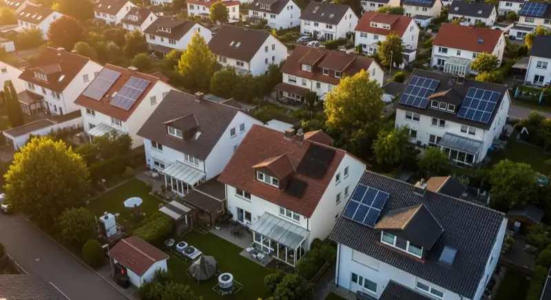 Aerial drone view of typical German residential neighborhood with mixed roof types, red and dark roof tiles, gardens visible, sunny day
