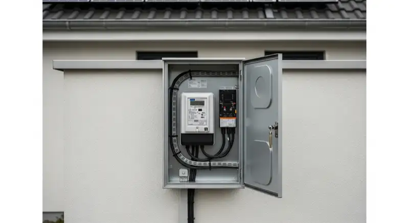 Modern German electrical meter cabinet (Zählerschrank) with smart meter and solar inverter connection, clean technical installation