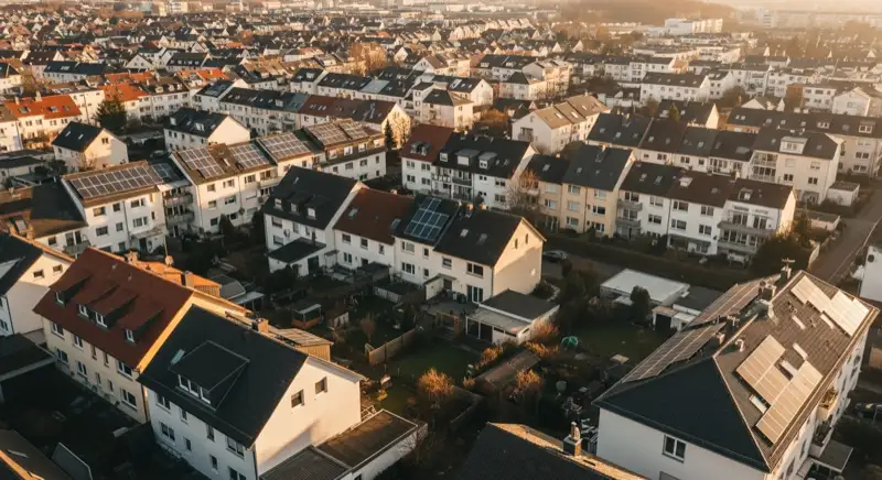 Aerial drone view of typical German residential neighborhood with mixed roof types, red and dark roof tiles, gardens visible, sunny day