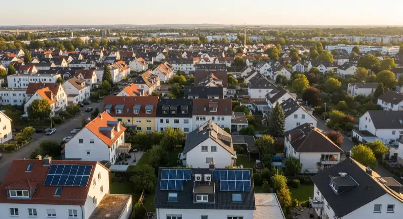 Aerial drone view of typical German residential neighborhood with mixed roof types, red and dark roof tiles, gardens visible, sunny day