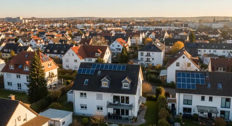 Aerial drone view of typical German residential neighborhood with mixed roof types, red and dark roof tiles, gardens visible, sunny day