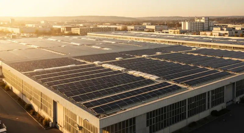 Große Gewerbehalle in Sindelfingen mit flächendeckender Photovoltaik-Anlage auf dem Dach