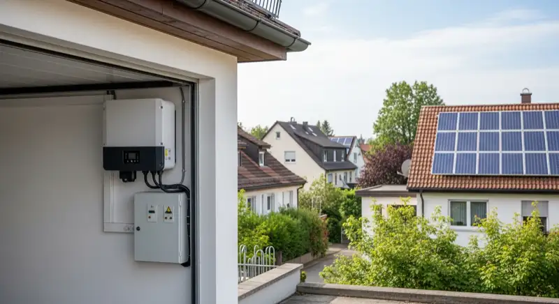 Modern solar inverter mounted on garage wall next to electrical panel, clean professional installation, natural daylight