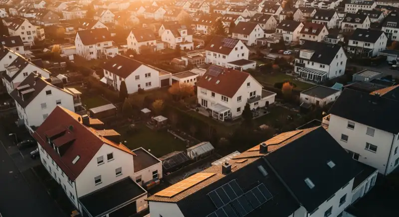 Aerial drone view of typical German residential neighborhood with mixed roof types, red and dark roof tiles, gardens visible, sunny day