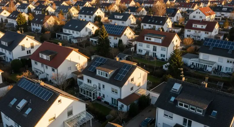 Aerial drone view of typical German residential neighborhood with mixed roof types, red and dark roof tiles, gardens visible, sunny day