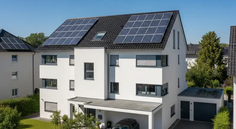 Modern German electrical meter cabinet (Zählerschrank) with smart meter and solar inverter connection, clean technical installation