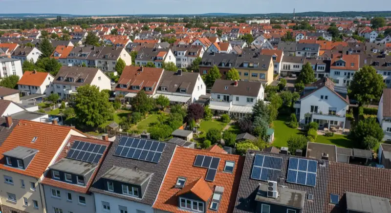 Aerial drone view of typical German residential neighborhood with mixed roof types, red and dark roof tiles, gardens visible, sunny day