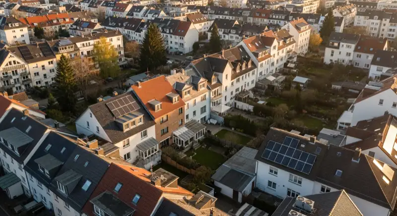 Aerial drone view of typical German residential neighborhood with mixed roof types, red and dark roof tiles, gardens visible, sunny day