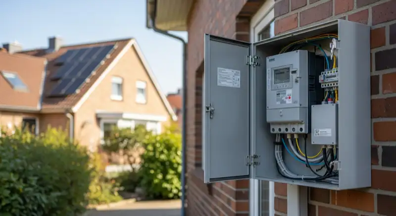 Modern German electrical meter cabinet (Zählerschrank) with smart meter and solar inverter connection, clean technical installation