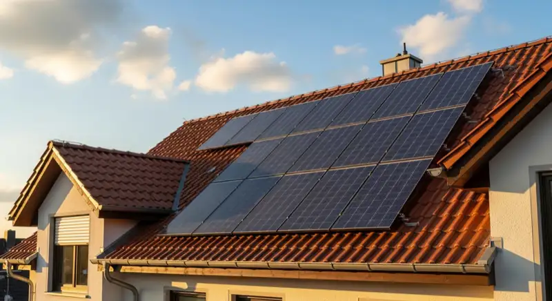 Close-up of photovoltaic solar panels installed on a traditional German Satteldach (gabled roof), blue sky with some clouds