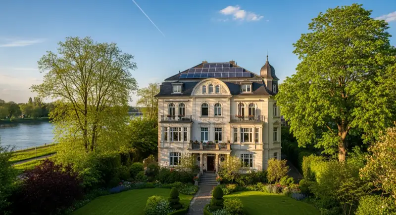 Villa mit Photovoltaikanlage auf dem Dach in Stralsund umgeben von grünen Bäumen