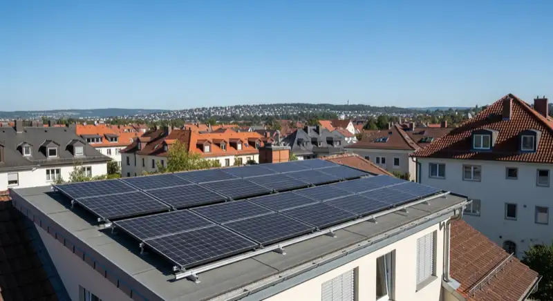 Solarteur bei der Installation einer Photovoltaikanlage auf einem Stuttgarter Dach mit Sicherheitsausrüstung