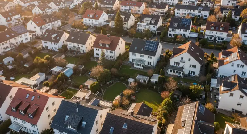 Aerial drone view of typical German residential neighborhood with mixed roof types, red and dark roof tiles, gardens visible, sunny day