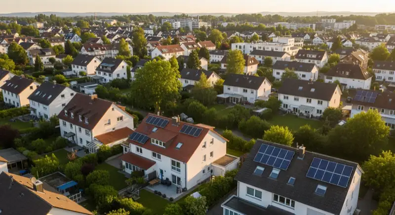 Aerial drone view of typical German residential neighborhood with mixed roof types, red and dark roof tiles, gardens visible, sunny day