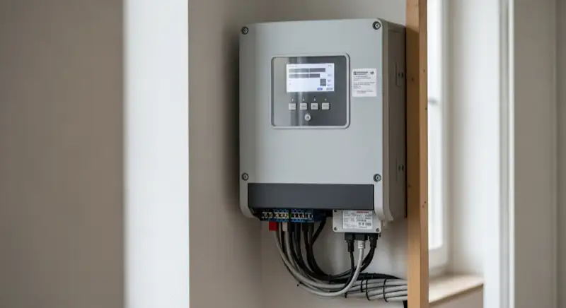 Modern German electrical meter cabinet (Zählerschrank) with smart meter and solar inverter connection, clean technical installation