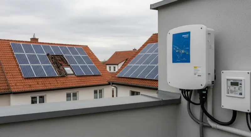 Modern German electrical meter cabinet (Zählerschrank) with smart meter and solar inverter connection, clean technical installation