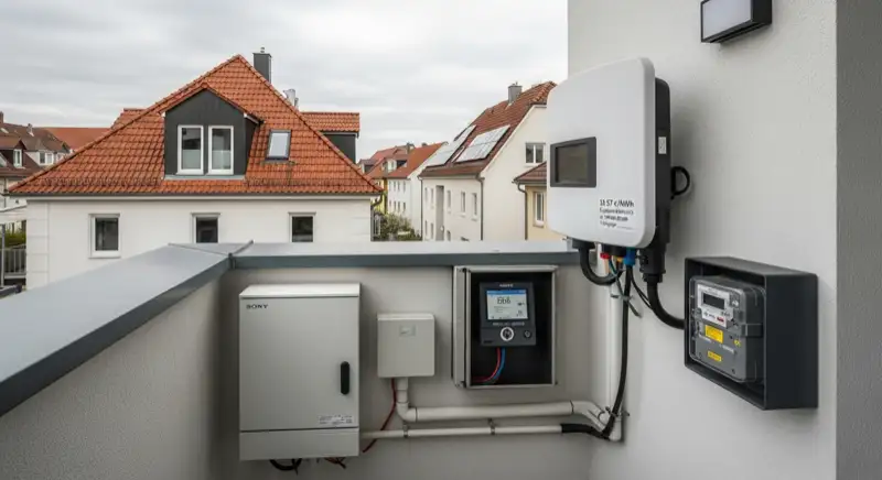 Modern German electrical meter cabinet (Zählerschrank) with smart meter and solar inverter connection, clean technical installation