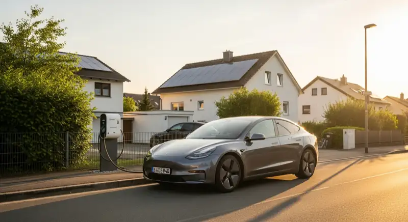 Elektroauto lädt an Wallbox vor Einfamilienhaus mit Photovoltaikanlage auf dem Dach in Ulm