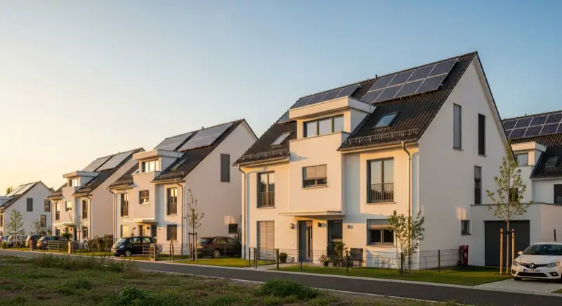 Moderne Einfamilienhäuser im Ulmer Stadtteil Eselsberg mit Photovoltaikanlagen auf großzügigen Süddächern