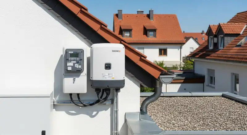 Modern German electrical meter cabinet (Zählerschrank) with smart meter and solar inverter connection, clean technical installation