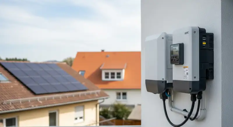 Modern German electrical meter cabinet (Zählerschrank) with smart meter and solar inverter connection, clean technical installation
