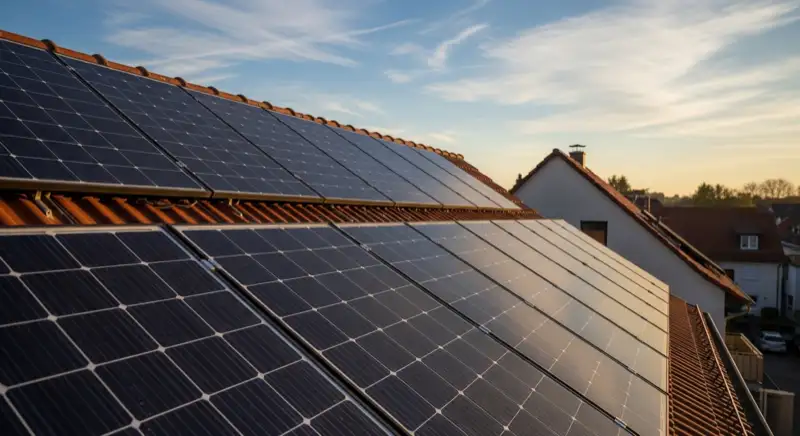 Close-up of photovoltaic solar panels installed on a traditional German Satteldach (gabled roof), blue sky with some clouds