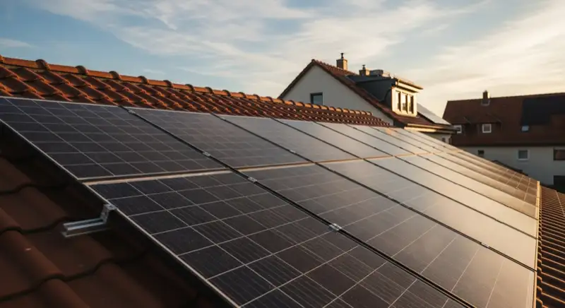 Close-up of photovoltaic solar panels installed on a traditional German Satteldach (gabled roof), blue sky with some clouds