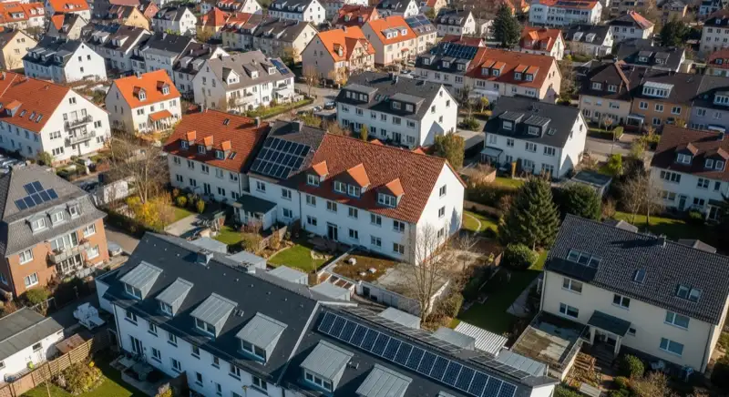Aerial drone view of typical German residential neighborhood with mixed roof types, red and dark roof tiles, gardens visible, sunny day